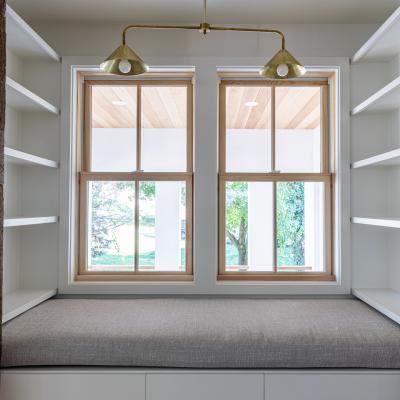 Reading nook with original 1700s wood beam details
