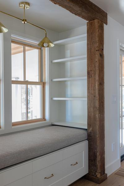 Reading nook with original 1700s wood beam details